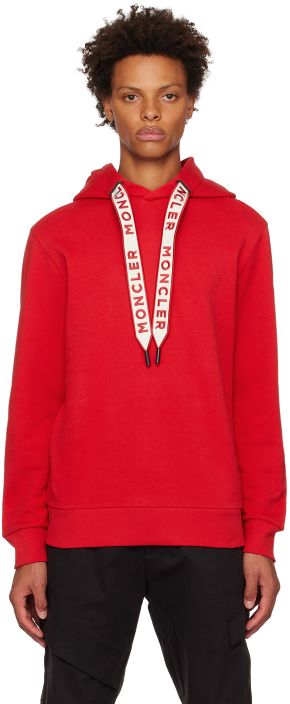 Moncler: Red Embroidered Drawstring Hoodie | SSENSE Canada