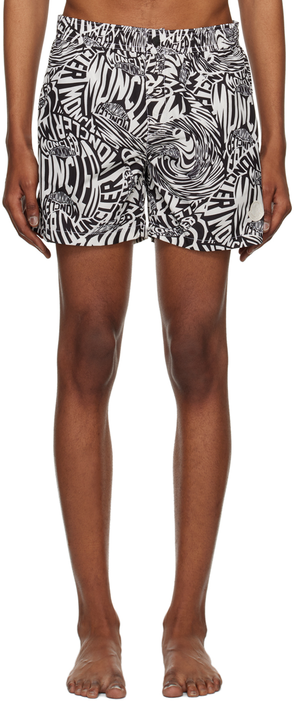 Shop Moncler Black & White Printed Swim Shorts In F09 White Running Lo