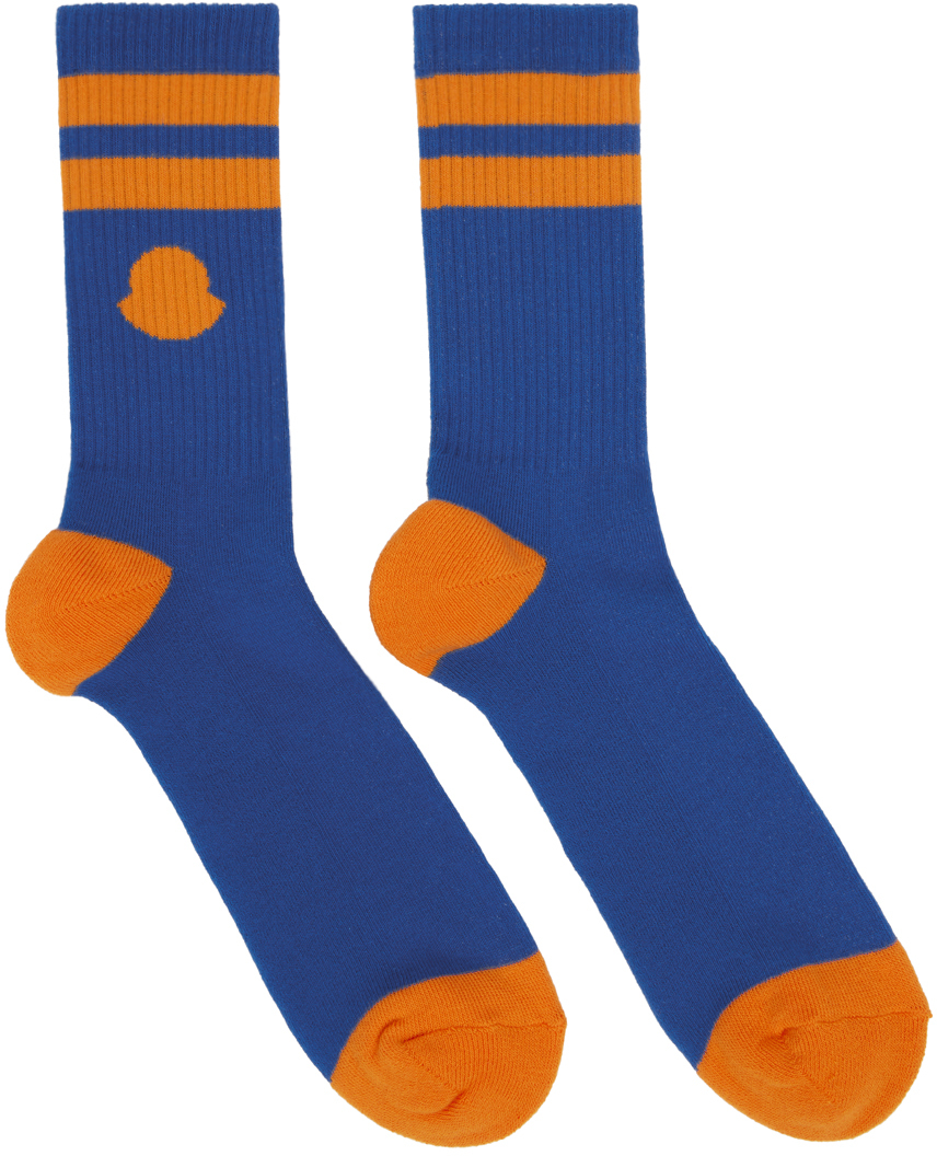 Moncler Blue & Orange Striped Socks In 73m Blue