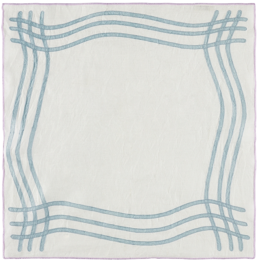 Misette Blue Grid Embroidered Linen Napkin Set In Grid - Blue/purple