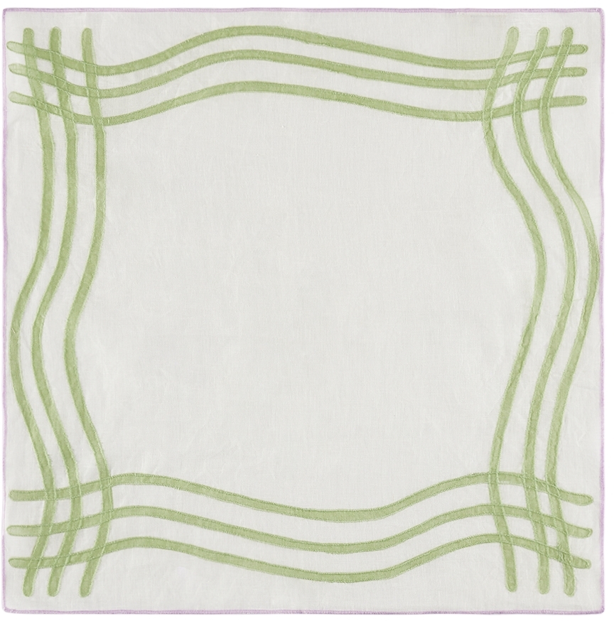 Misette Green Grid Embroidered Linen Napkin Set In Grid - Green/purple