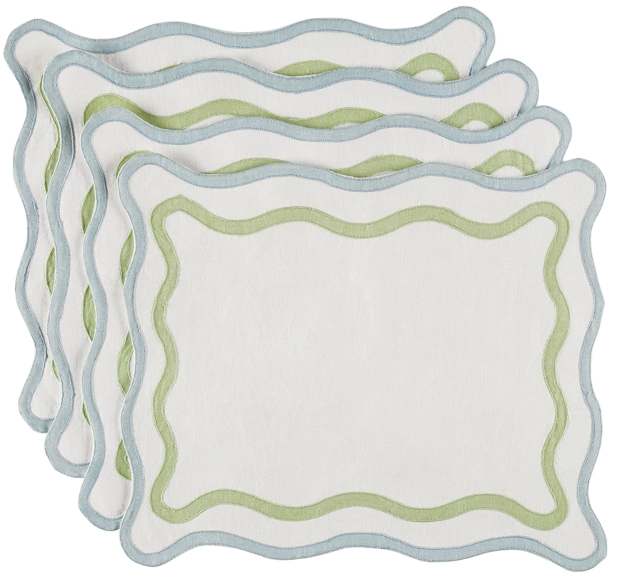 Misette Blue & Green Grid Embroidered Linen Placemat Set In Grid - Blue/green