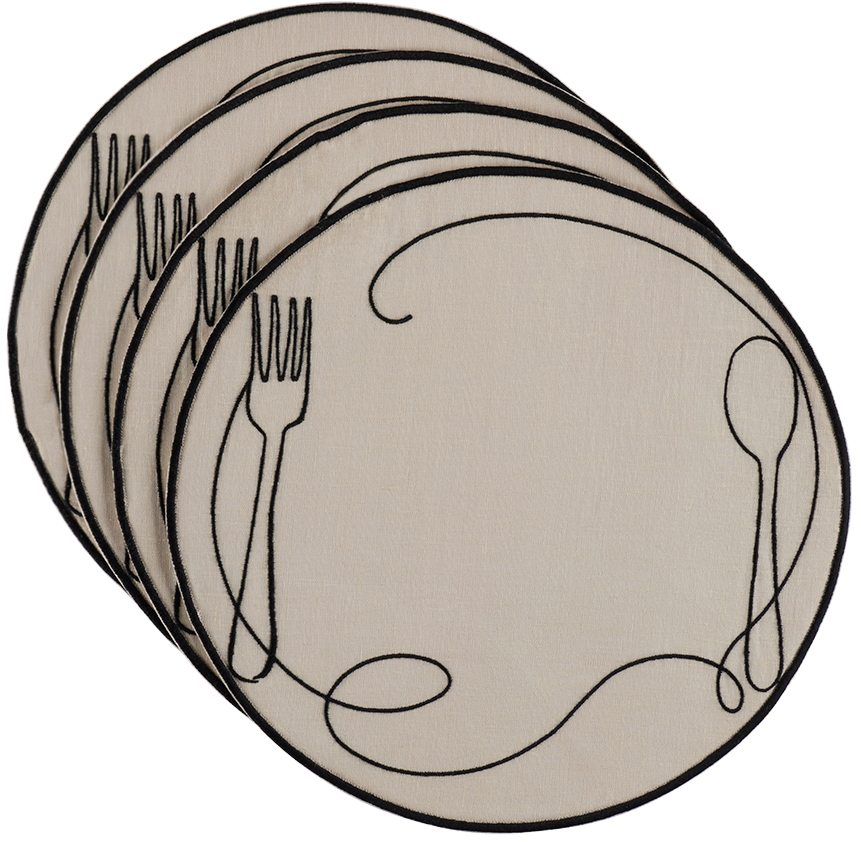 Misette Off-white Line Drawing Embroidered Linen Placemat Set