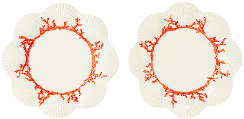 Les-ottomans White & Orange Saint Jacques Side Plate Set In White/coral
