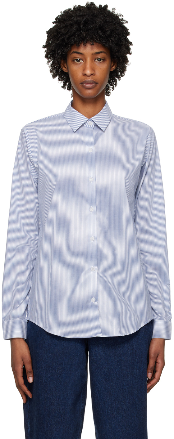 White & Blue Striped Shirt by Sunspel on Sale