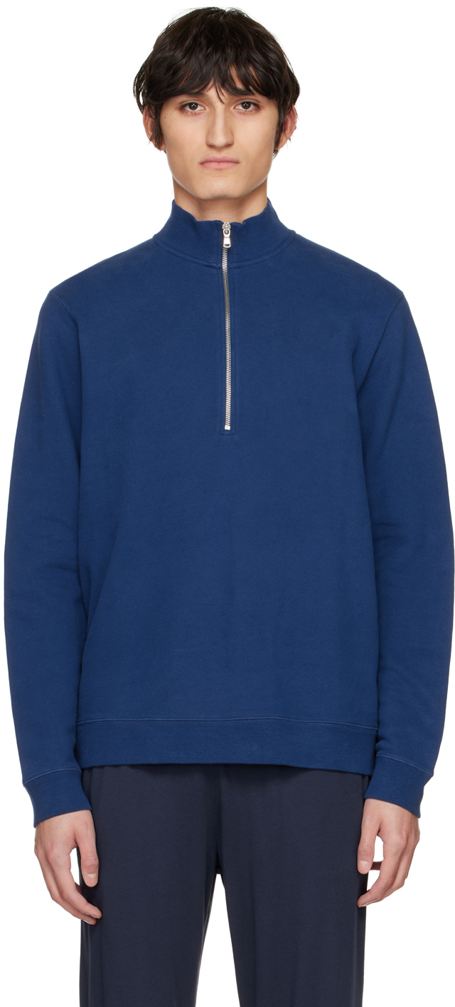 Sunspel Blue Half-Zip Loopback Sweatshirt