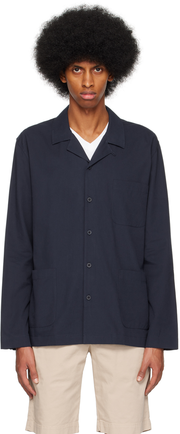 Navy Buttoned Pyjama Shirt by Sunspel on Sale