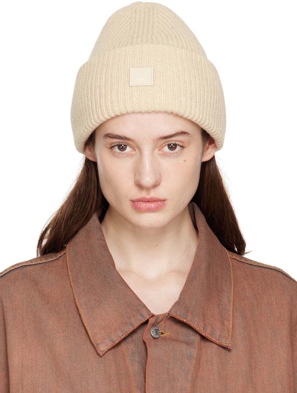Acne Studios Beige Small Logo Beanie In Oatmeal Melange