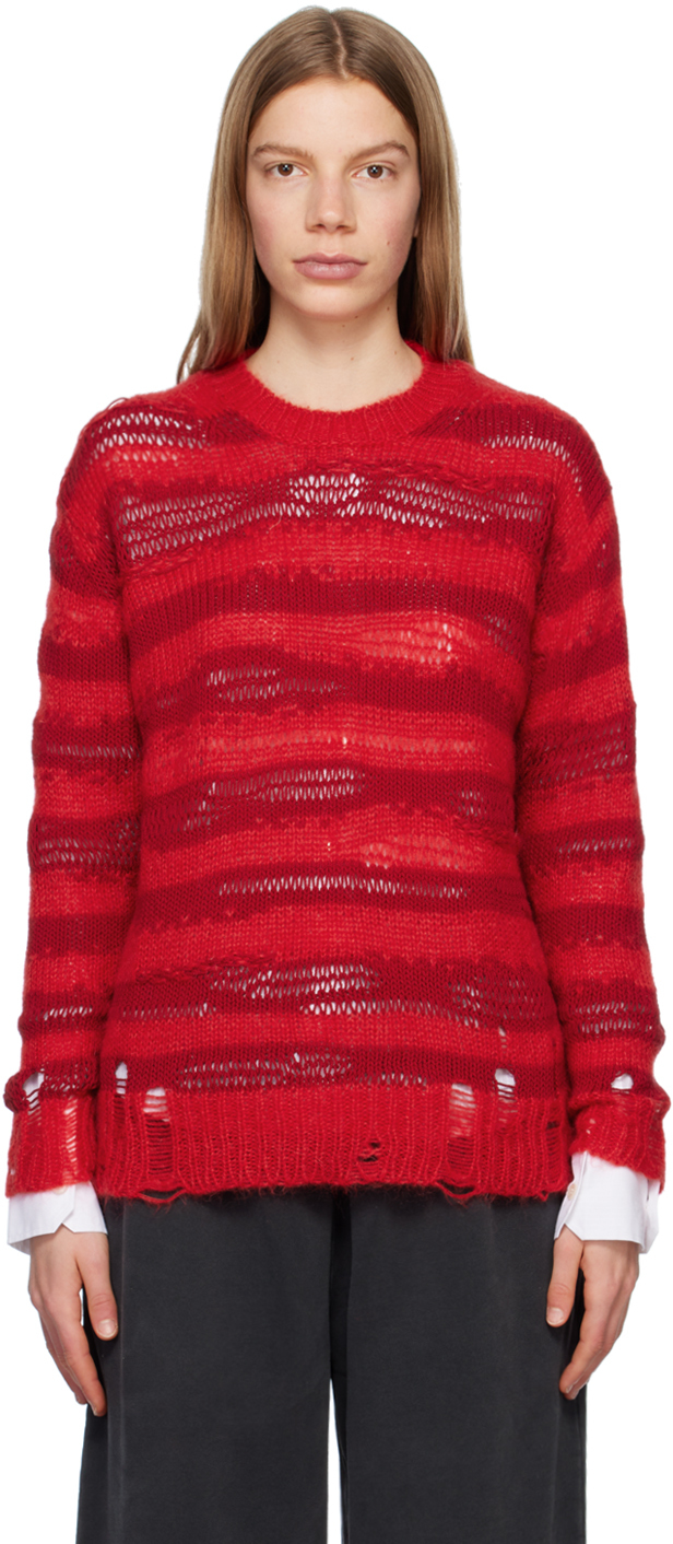 Acne Studios Karita Distressed Stripe Open Stitch Cotton, Mohair & Wool Blend Sweater In Red/ Deep Red