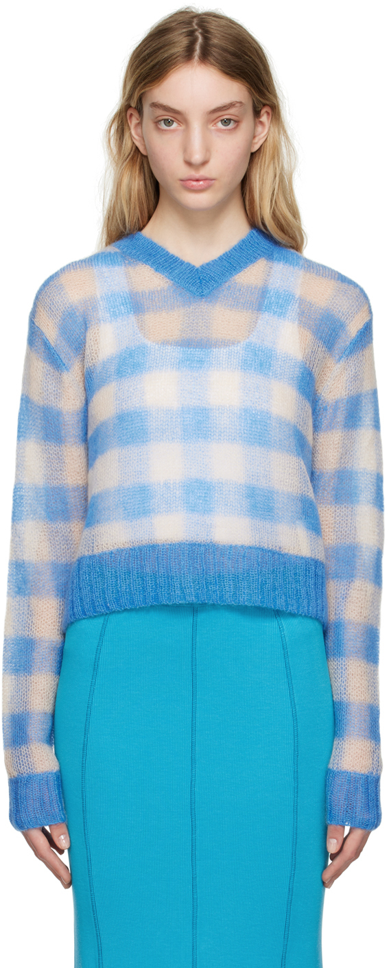 Acne Studios Kamba Vichy Gingham Open Knit Mohair & Wool Blend Sweater In Blue Light Beige