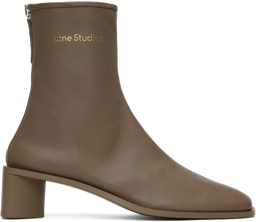 Acne Studios Taupe Branded Logo Boots In Mud Green