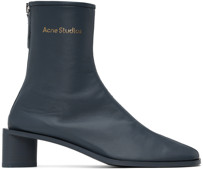 Acne Studios Blue Branded Logo Boots In Petrol Blue