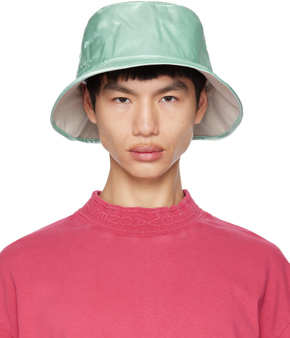 Acne Studios: Reversible Green  Gray Embroidered Bucket Hat SSENSE
