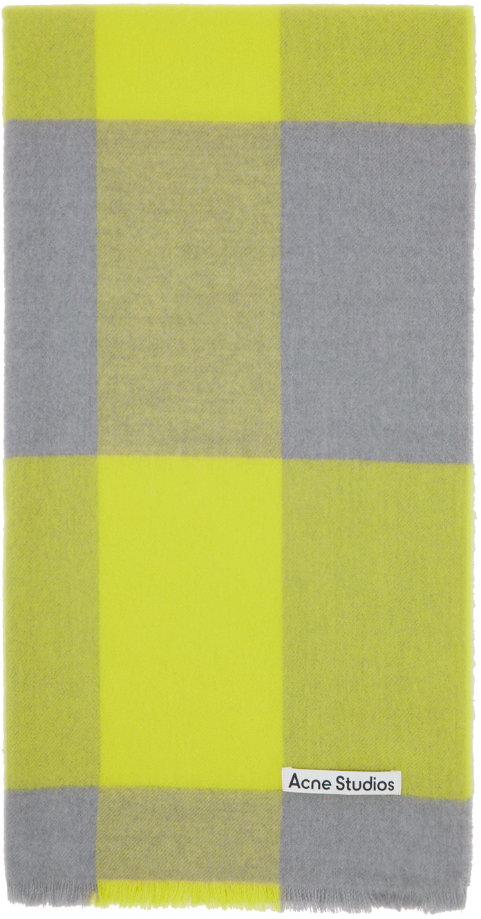 Acne Studios Check-print Wool Scarf In Dem Acid Yellow/carb