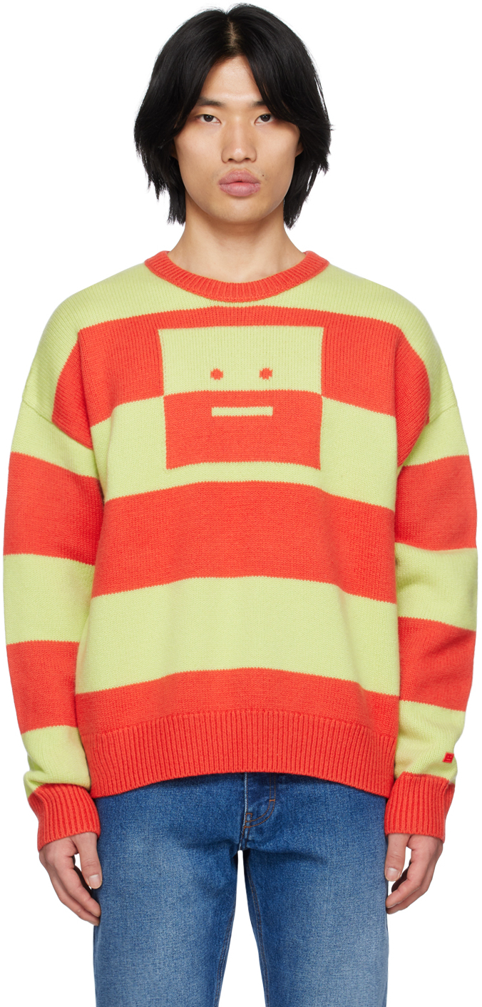 Acne Studios Face-motif Striped Wool Sweater In Red
