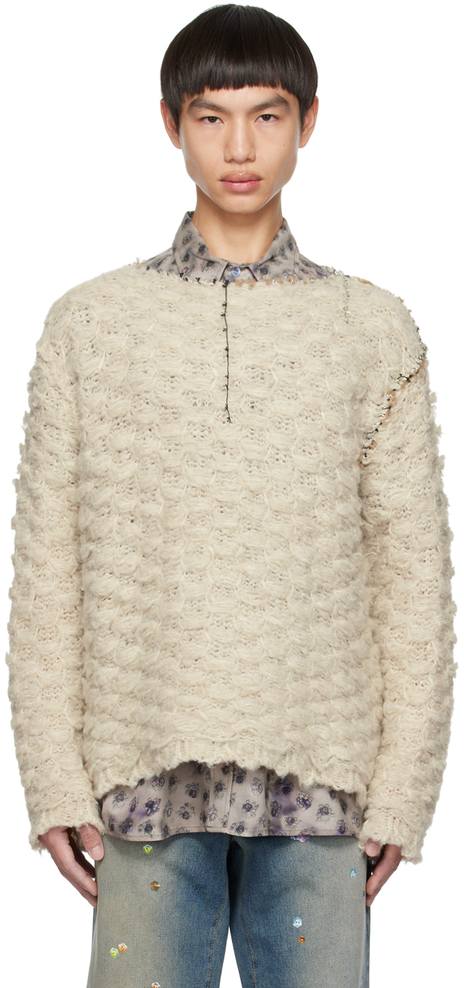 Acne Studios Distressed Lamé-trimmed Waffle-knit Jumper In Neutrals
