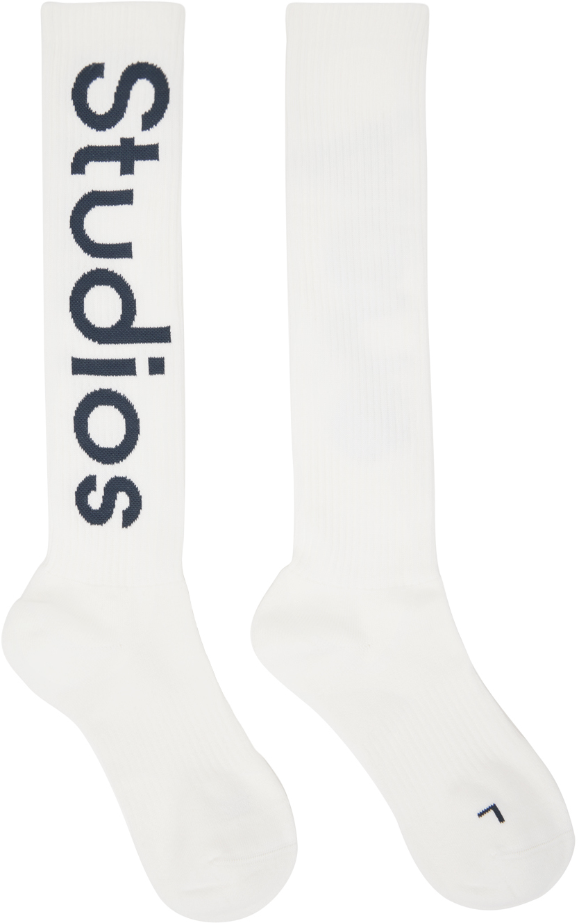 Acne White Logo Knee Socks In White/charcoal | ModeSens