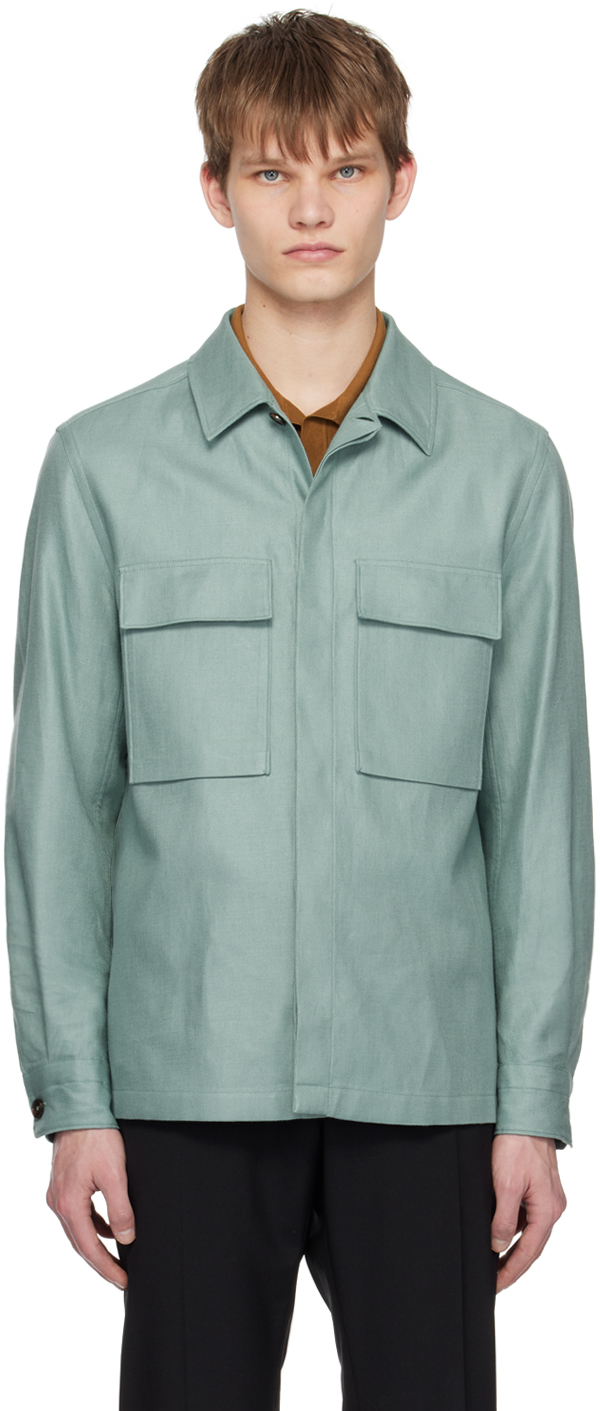 Zegna Green Flap Pocket Shirt In 14 Water Green Solid