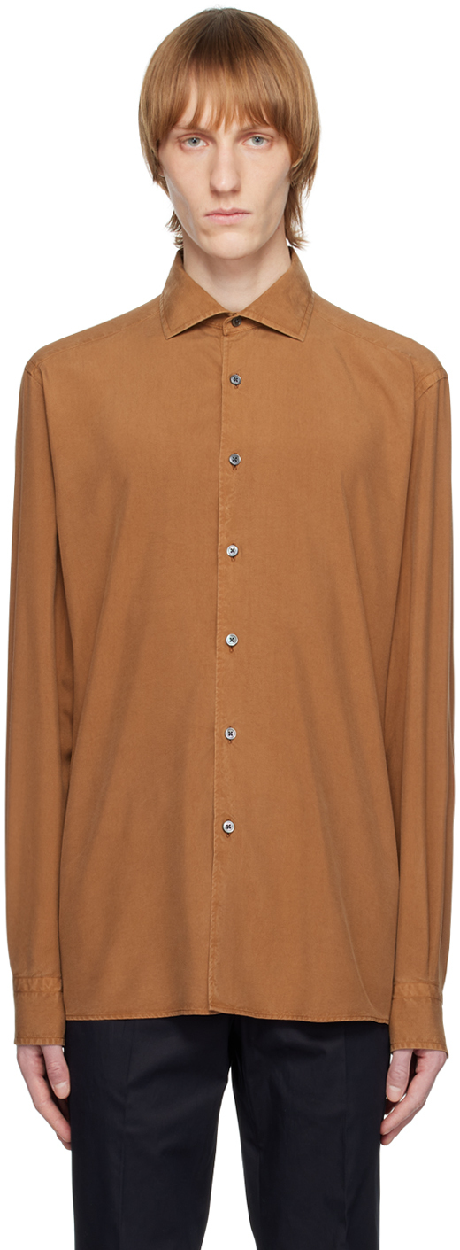 Zegna Brown Garment-dyed Shirt In Vicuna