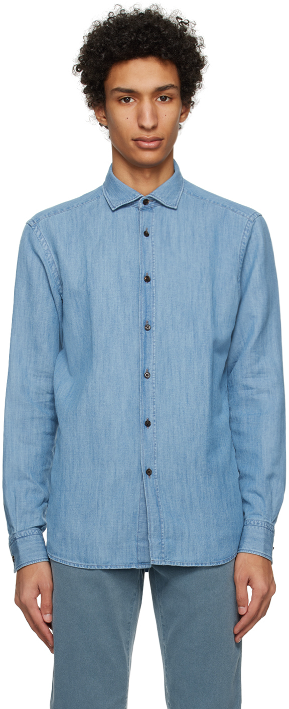 Zegna Indigo Button-down Shirt In 182 Ink Blue Solid