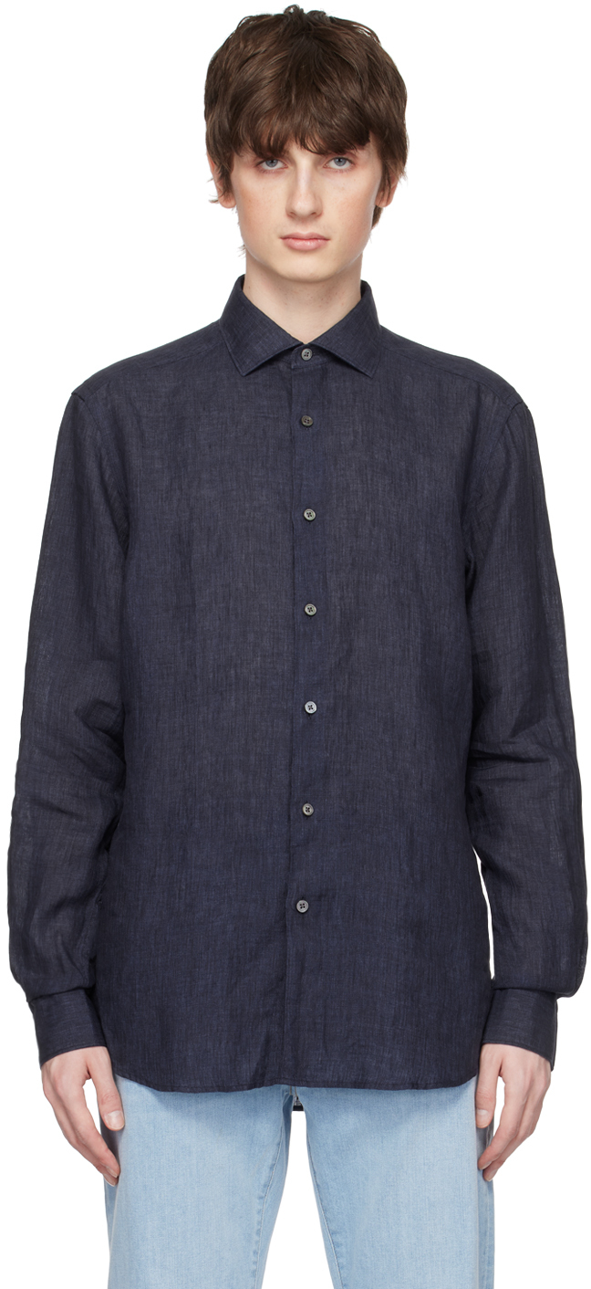 Zegna Navy Blue Pure Linen Long-sleeve Shirt
