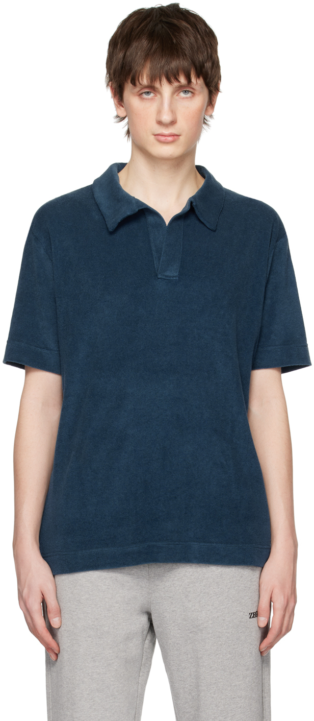 Zegna Blue Open Placket Polo In 432 Teal