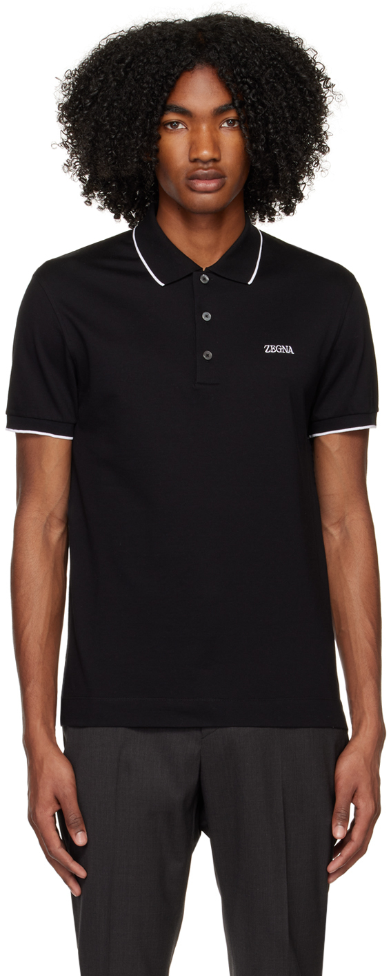 Shop Zegna Black Embroidered Polo In K09 Black Solid
