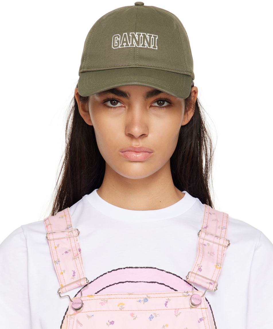 Khaki Embroidered Cap by GANNI on Sale