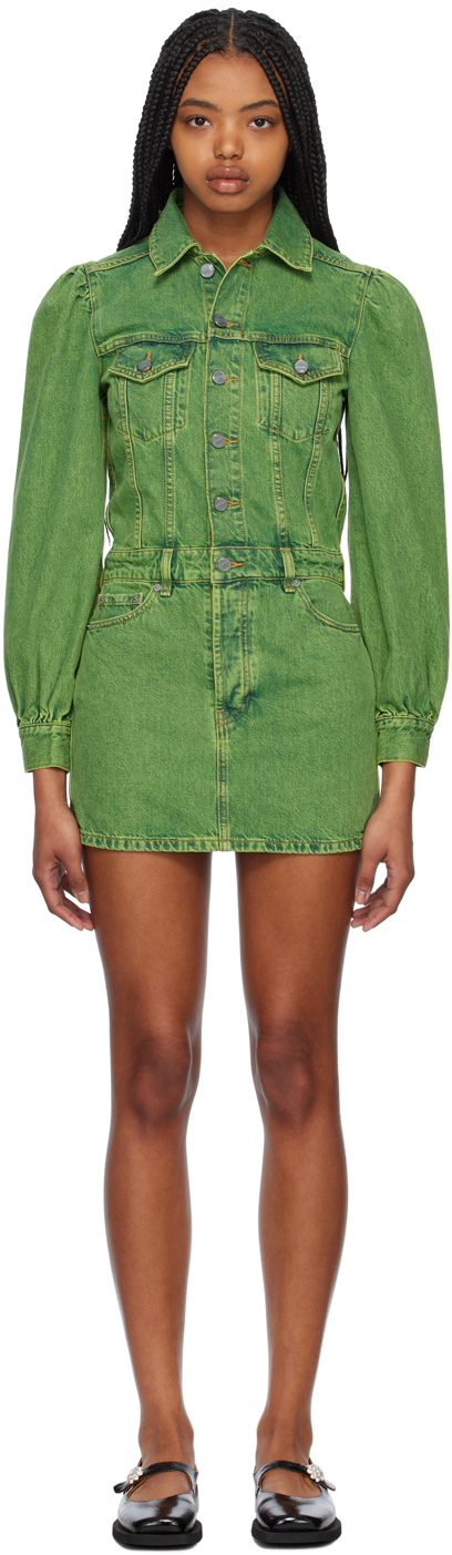 Shop Ganni Green Over-dyed Denim Minidress In 489 Lime Punch