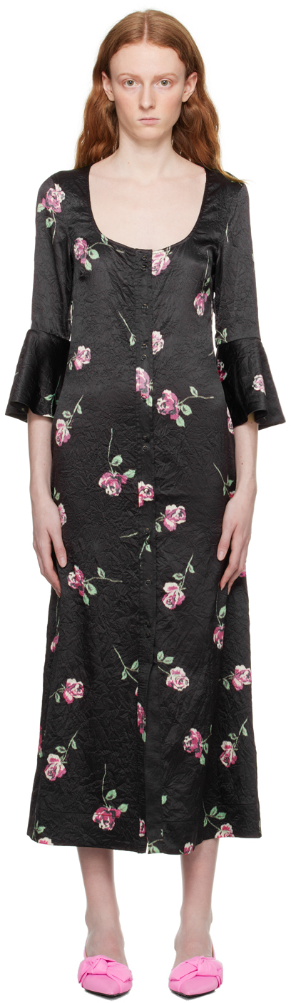 Shop Ganni Black Floral Maxi Dress In 099 Black