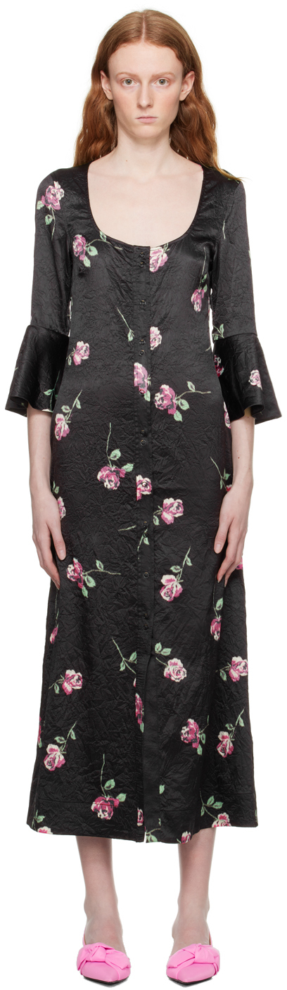 Robe Marks & Spencer Mi-longue Noire à Fleurs - Femme Taille 12 - Ligne A