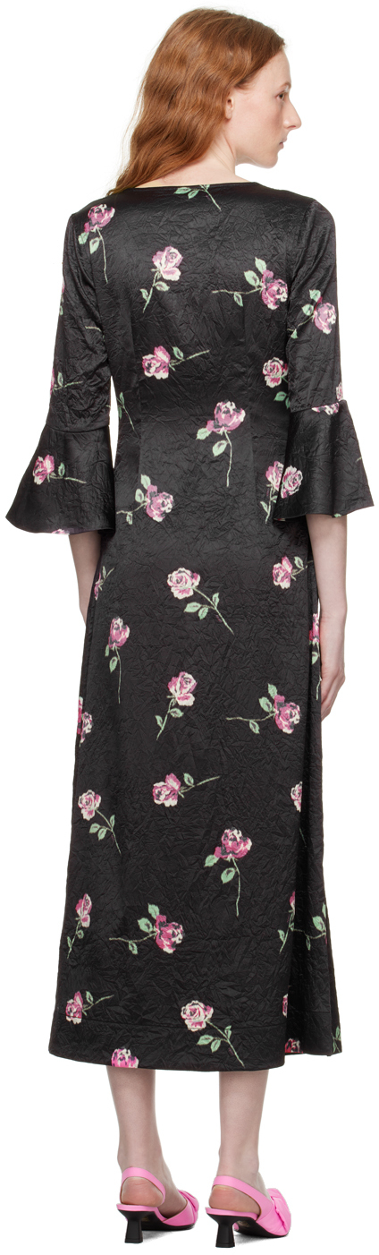 Ganni Floral-print Crinkled Midi Dress In 099 Black