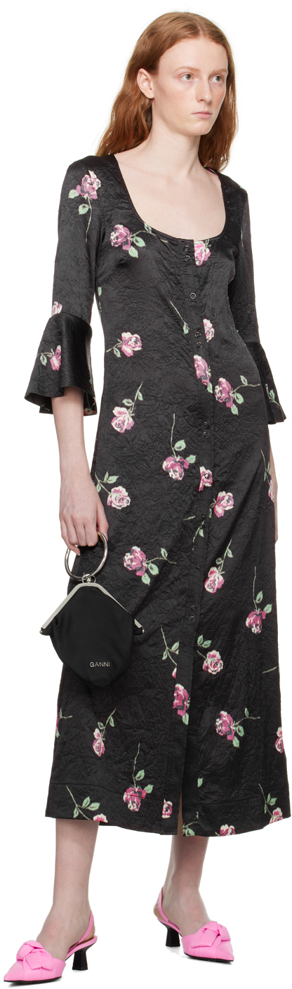 Ganni Floral-print Crinkled Midi Dress In 099 Black