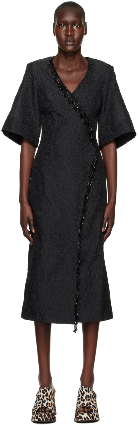Shop Ganni Black Beaded Fringe Midi Dress In 099 Black