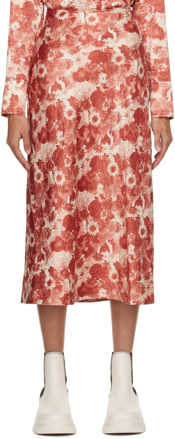 Ganni Marsala Floral-print Midi Skirt