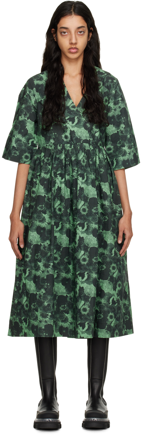 Shop Ganni Green Printed Midi Dress In 484 Peapod