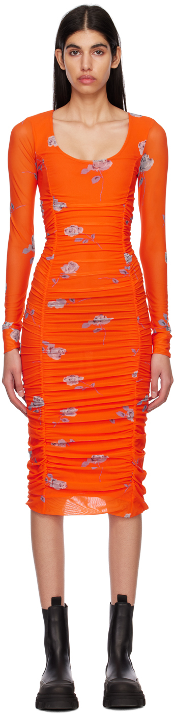 Shop Ganni Orange Ruched Midi Dress In 493 Orangeade