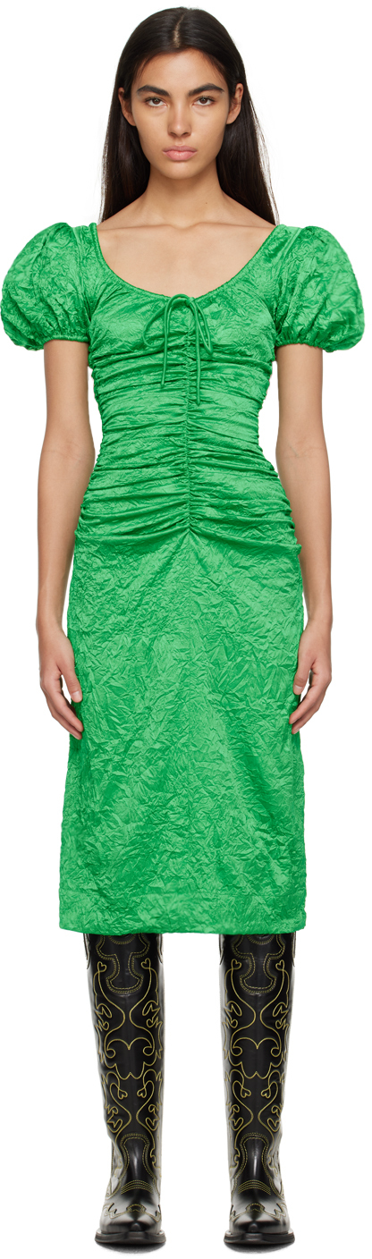 Shop Ganni Green Crinkled Midi Dress In 767 Bright Green
