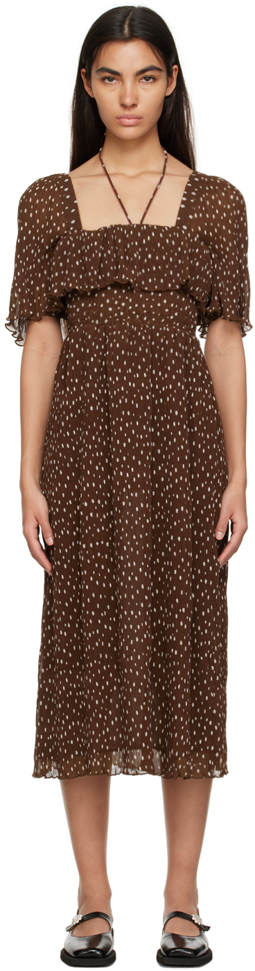 Ganni Motif-print Sleeveless Dress In Brown