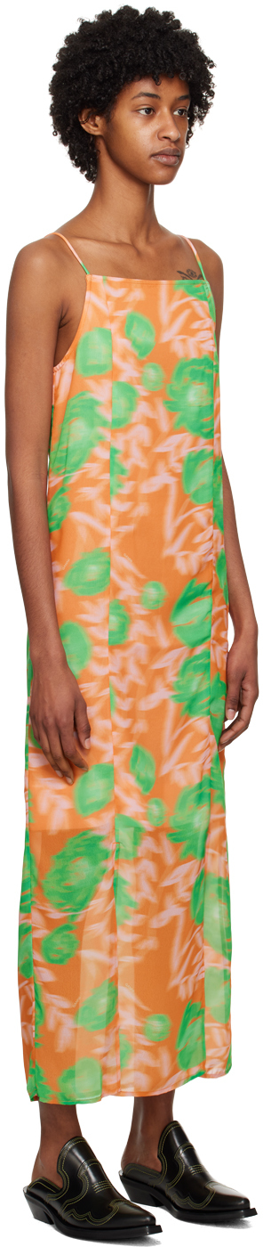 Ganni Printed Light Crepe Slip Dress In 860 Vibrant Orange