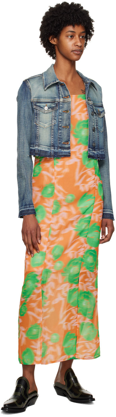 Ganni Printed Light Crepe Slip Dress In 860 Vibrant Orange