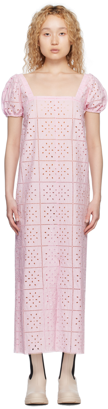 Ganni Broderie Anglaise Cotton-poplin Midi Dress In Pink