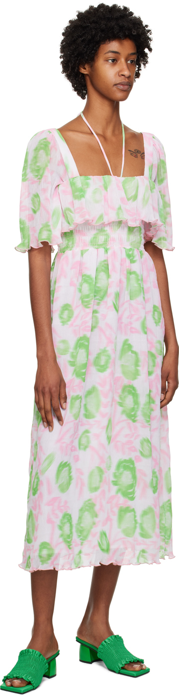 Ganni Short Sleeve Pleated Georgette Midi Smock Dress In 545 Pink Tulle