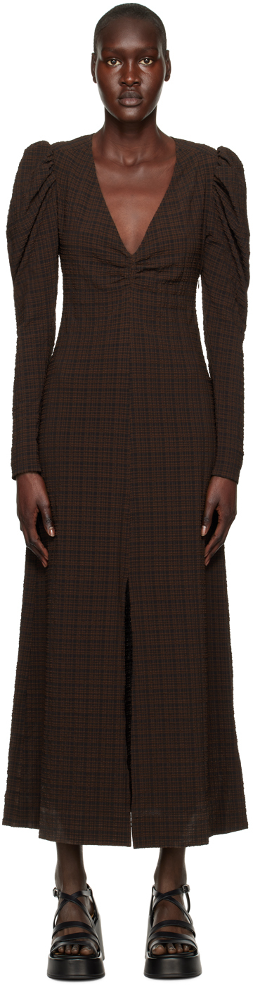 Ganni Brown Check Maxi Dress In 979 Chicory Coffee