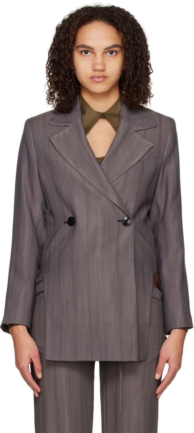 Ganni Cut-out Double-breasted Blazer In Grey