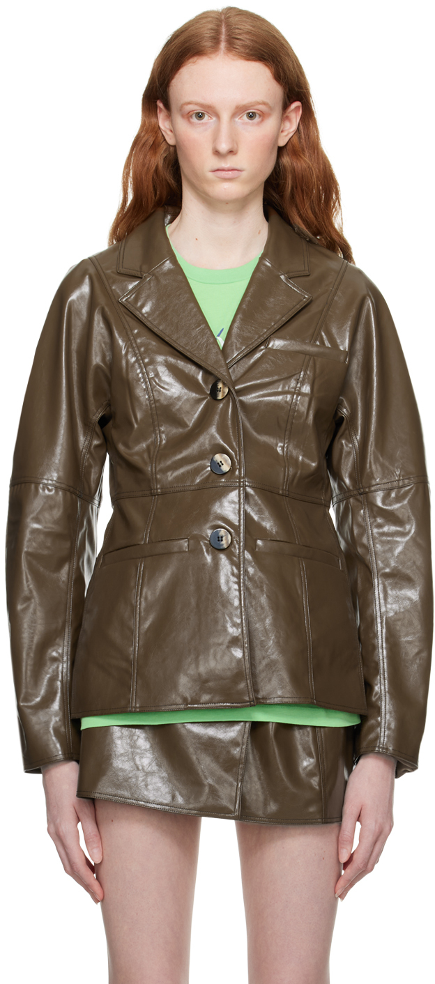 GANNI: Brown Patent Faux-Leather Blazer | SSENSE