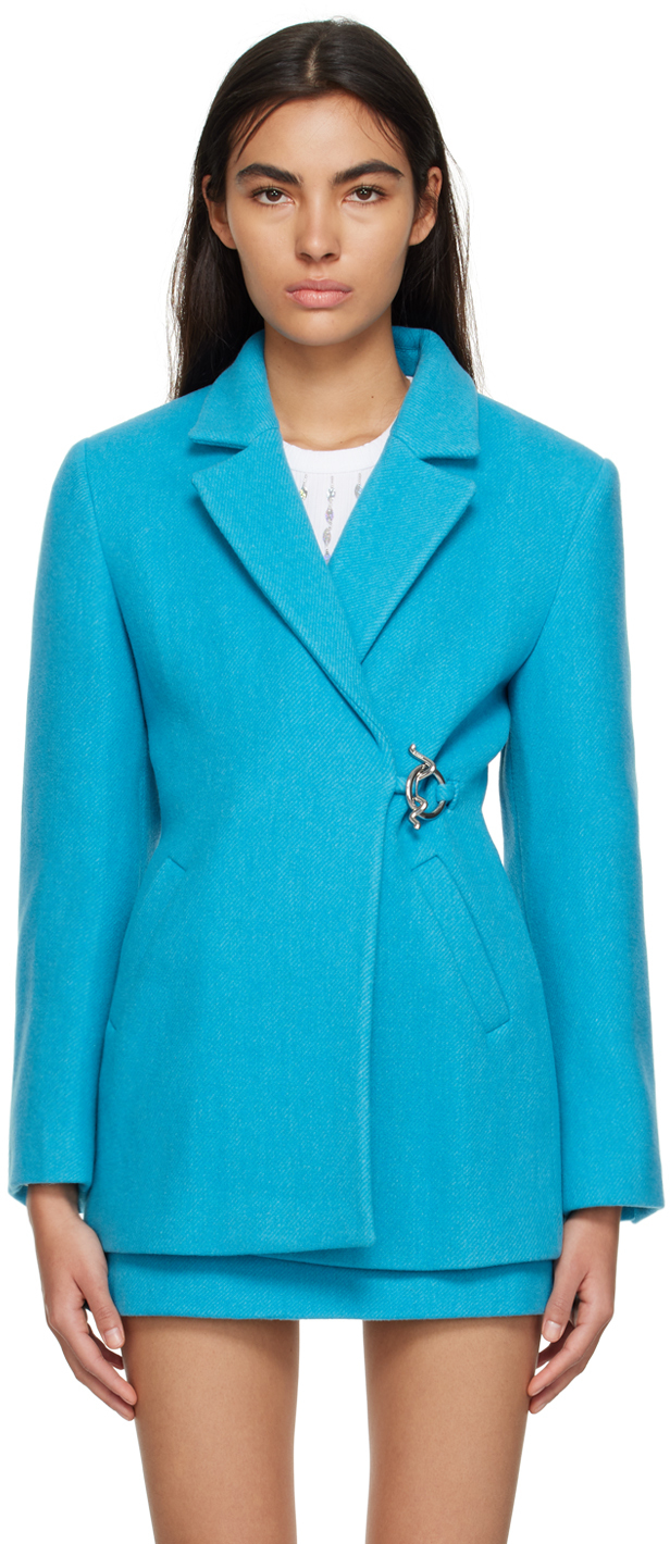 Ganni Long Sleeve Twill Wool Suiting Blazer In Turquoise