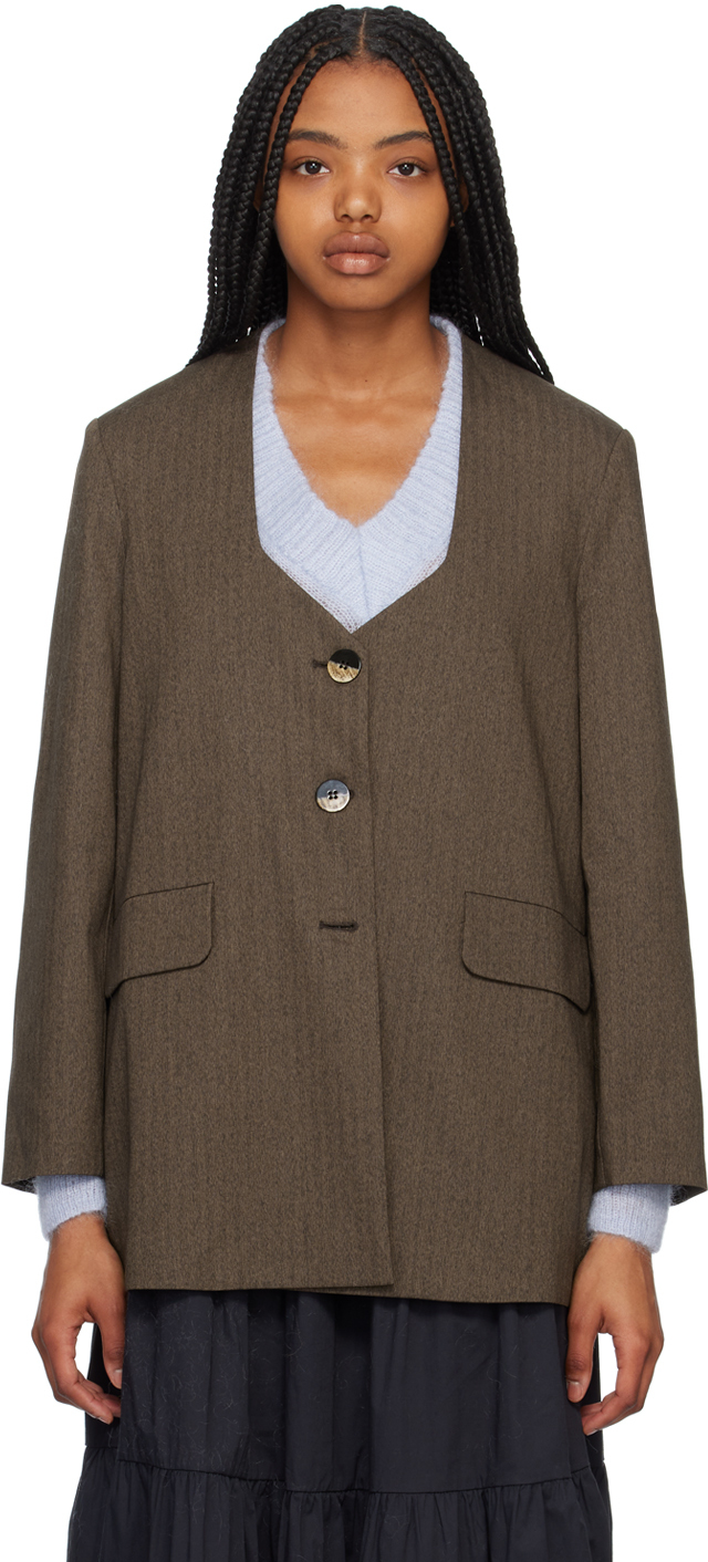Brown Herringbone Blazer by GANNI on Sale