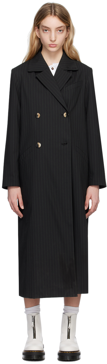 Ganni Double-breasted Striped Coat In Black | ModeSens