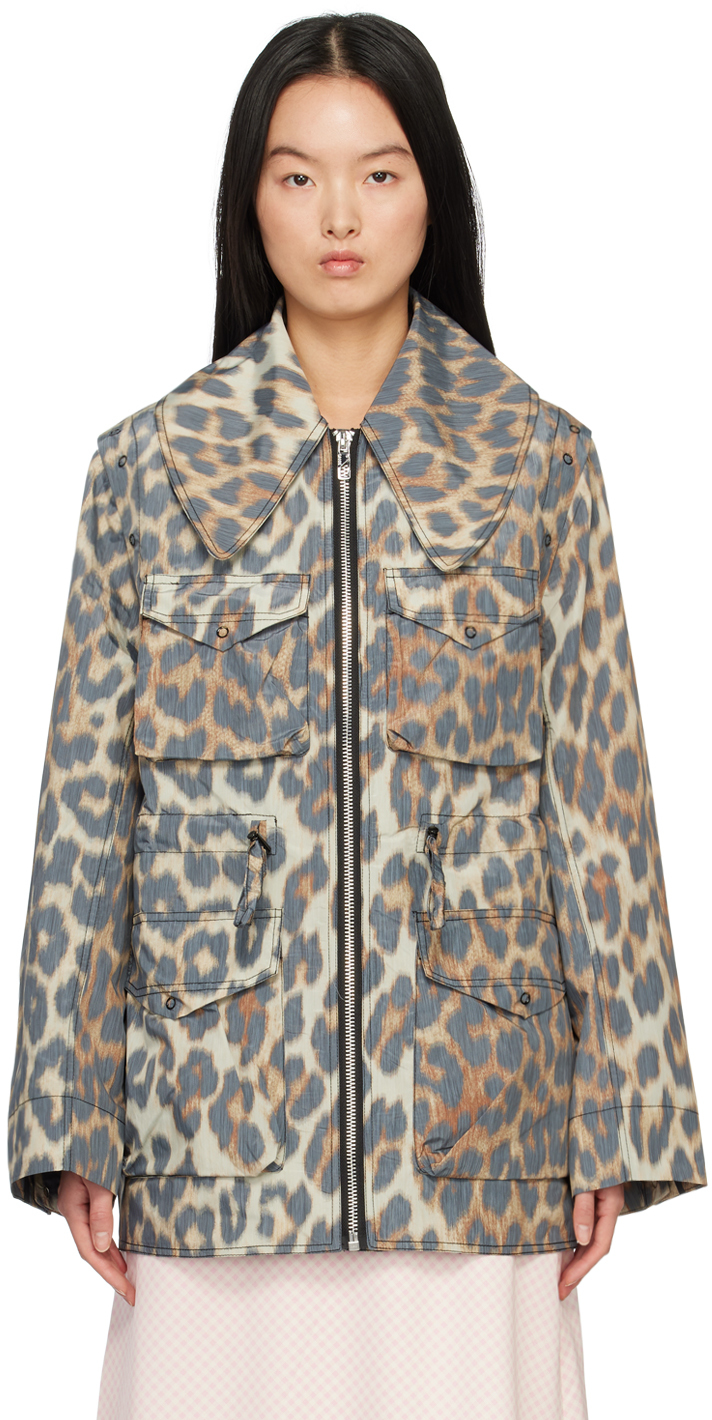 Ganni Detachable-sleeves Leopard-print Jacket In Neutrals
